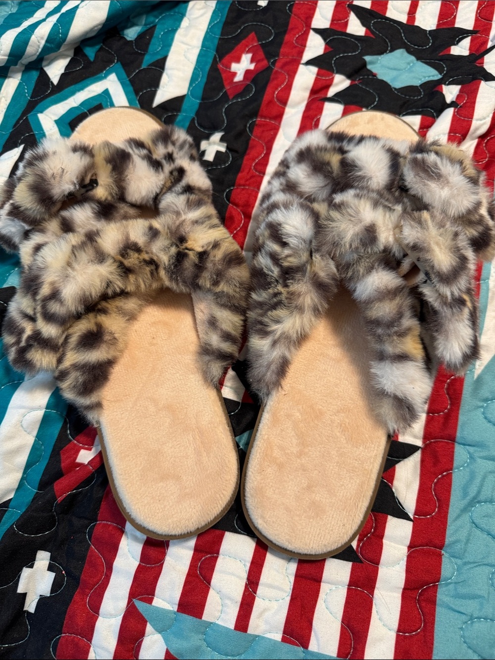 LOFT Faux Fur Cross-Band Slide Slippers in Beige and Brown Tones